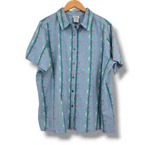 Only Necessities Blue Gingham Floral Button Down Shirt Womens Large Short Sleeve